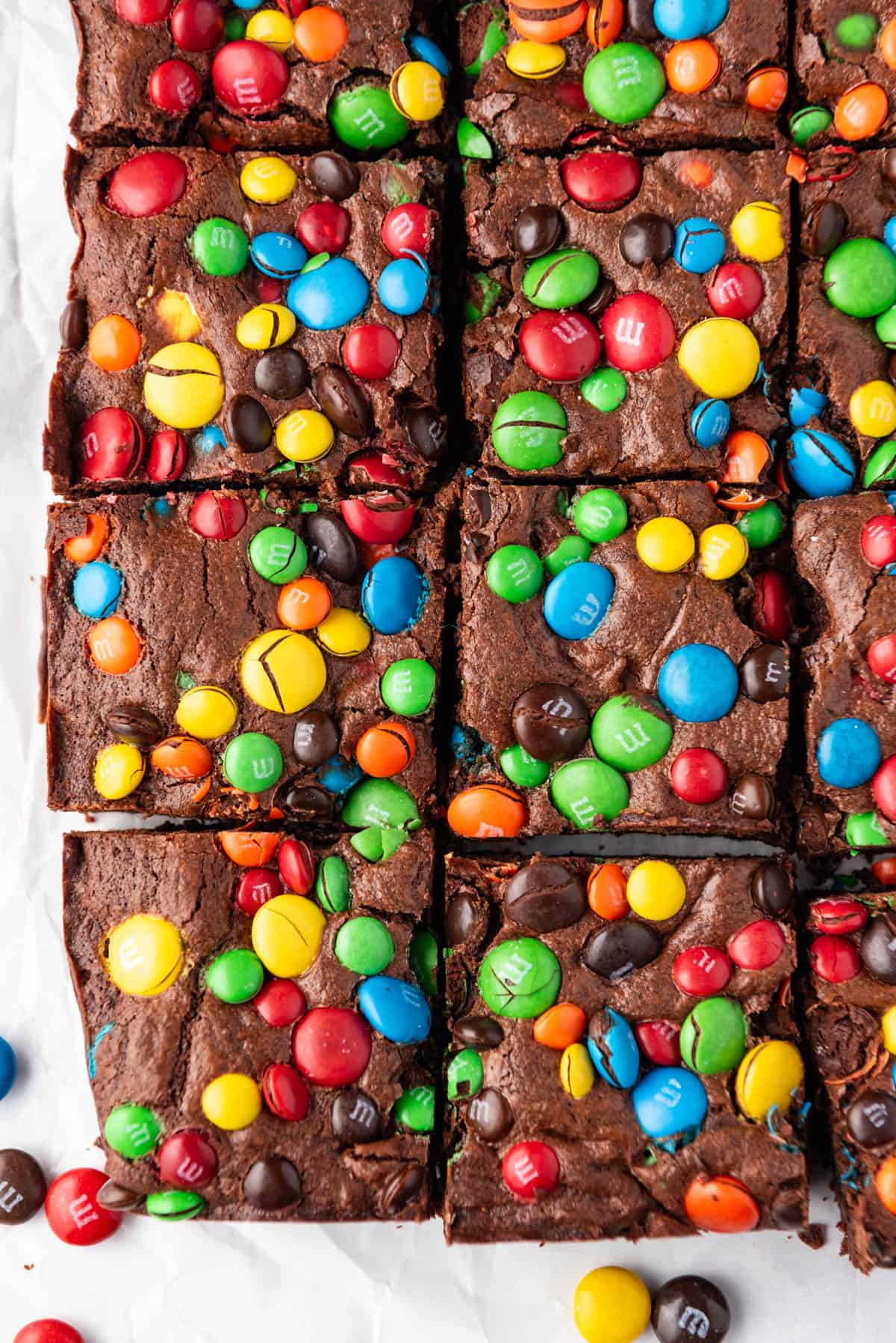 An image of M&M brownies cut into squares.