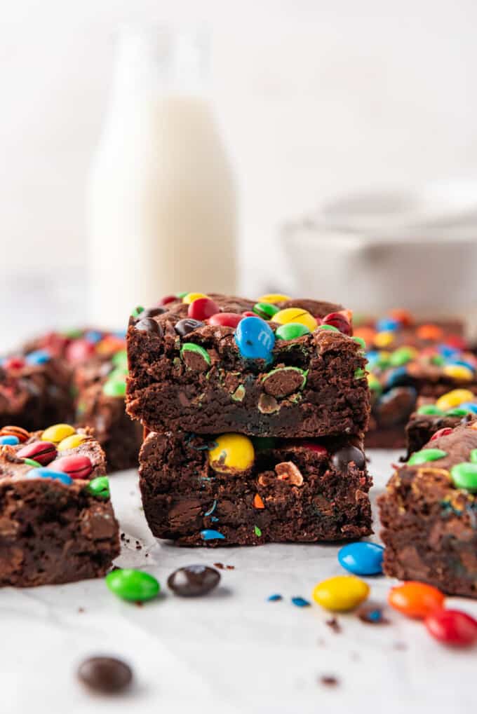 Two stacked M&M brownies.