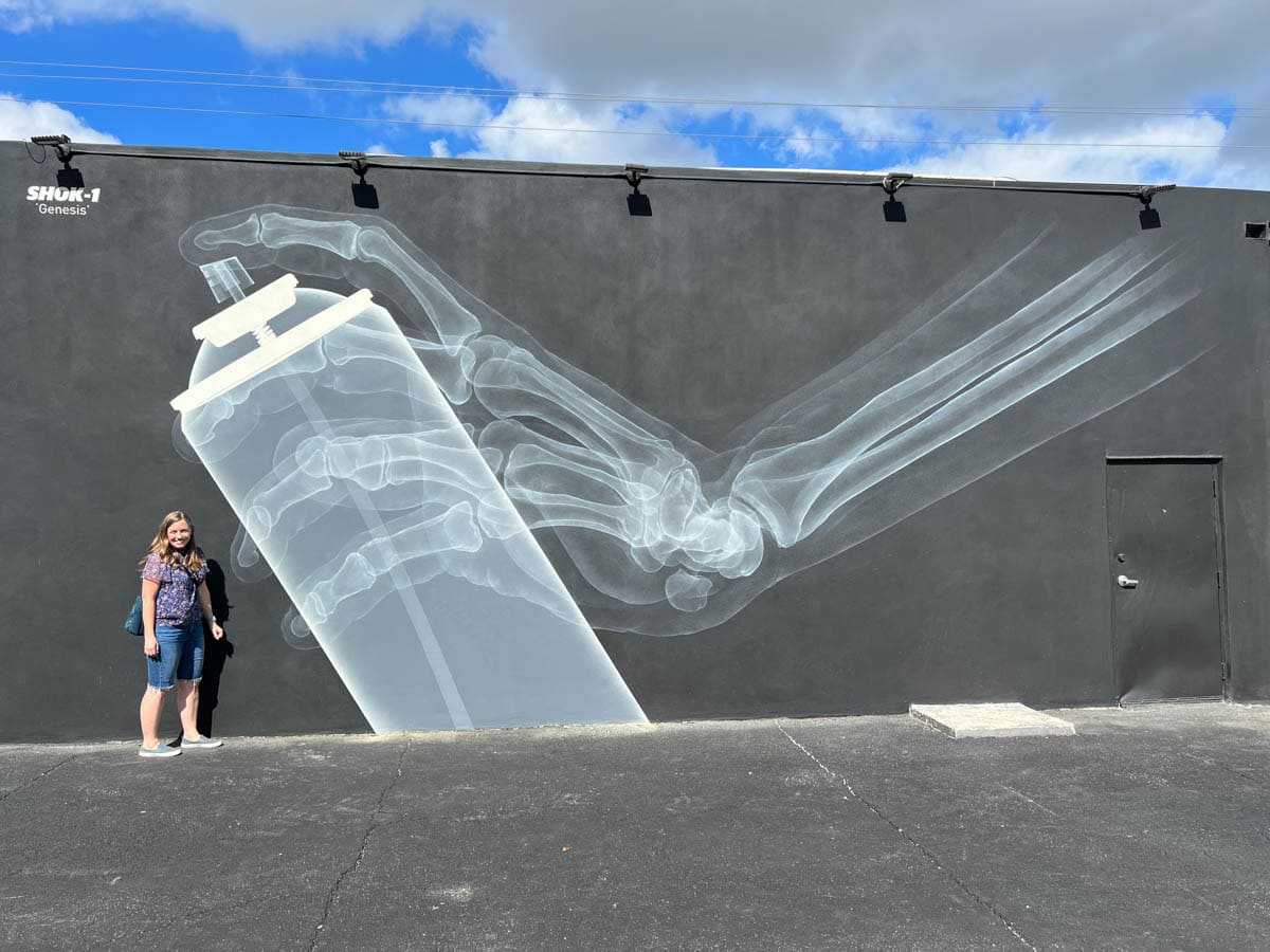 An image in front of a mural of an x-ray at Wynwood Walls in Miami.