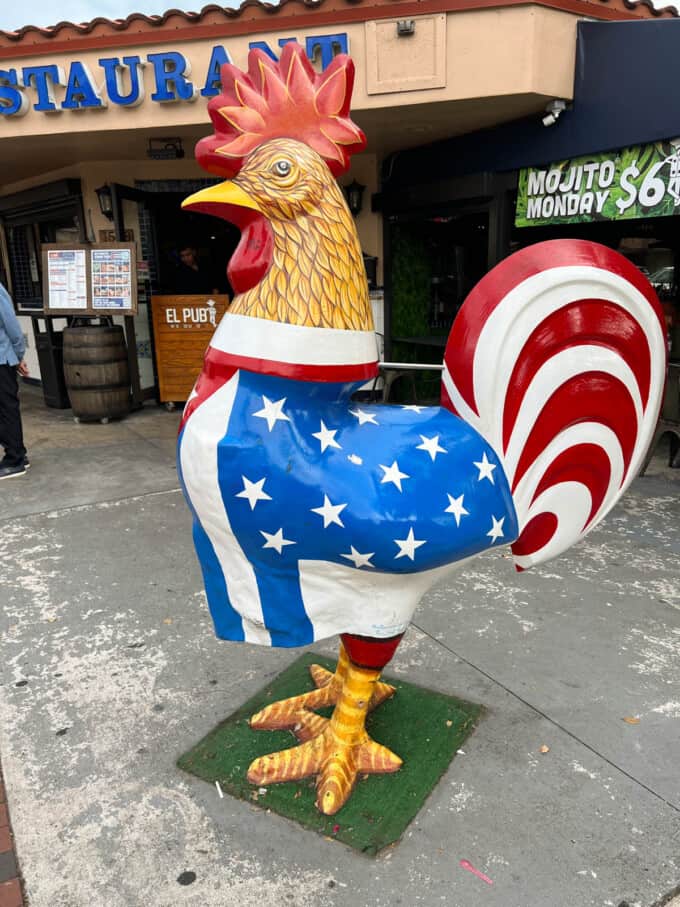 An image of a rooster statue on Calle Ocho in Little Havana in Miami, Florida.