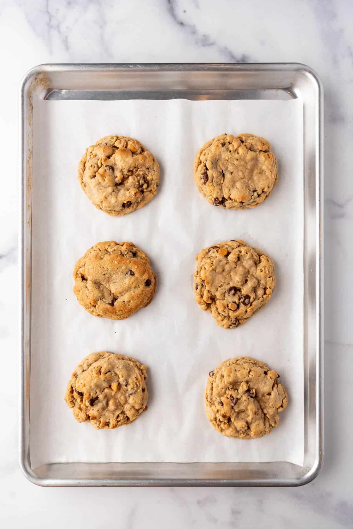 An image of baked  oatmeal butterscotch cookies on a baking sheet lined with parchment paper.