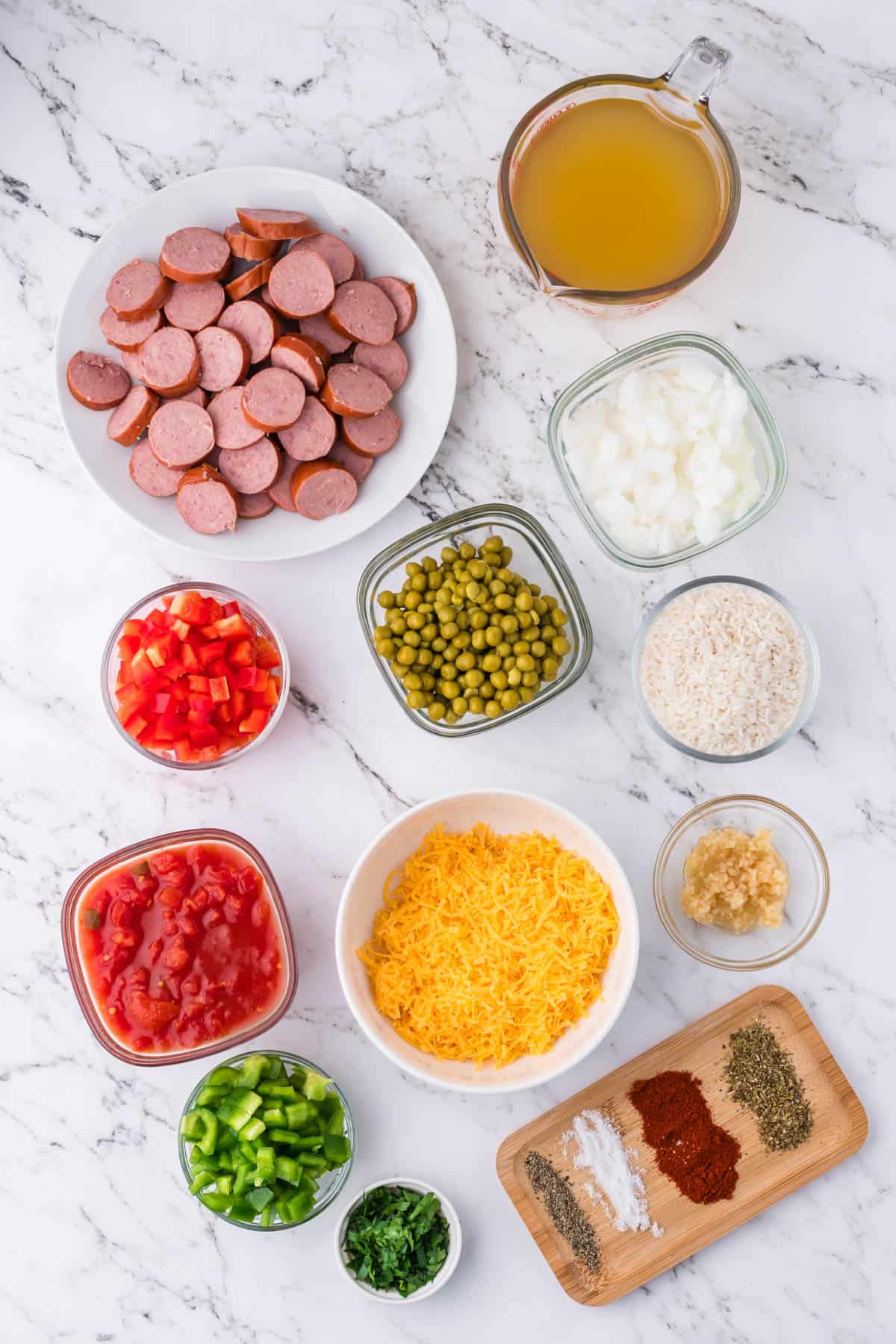 Ingredients for sausage and rice casserole.