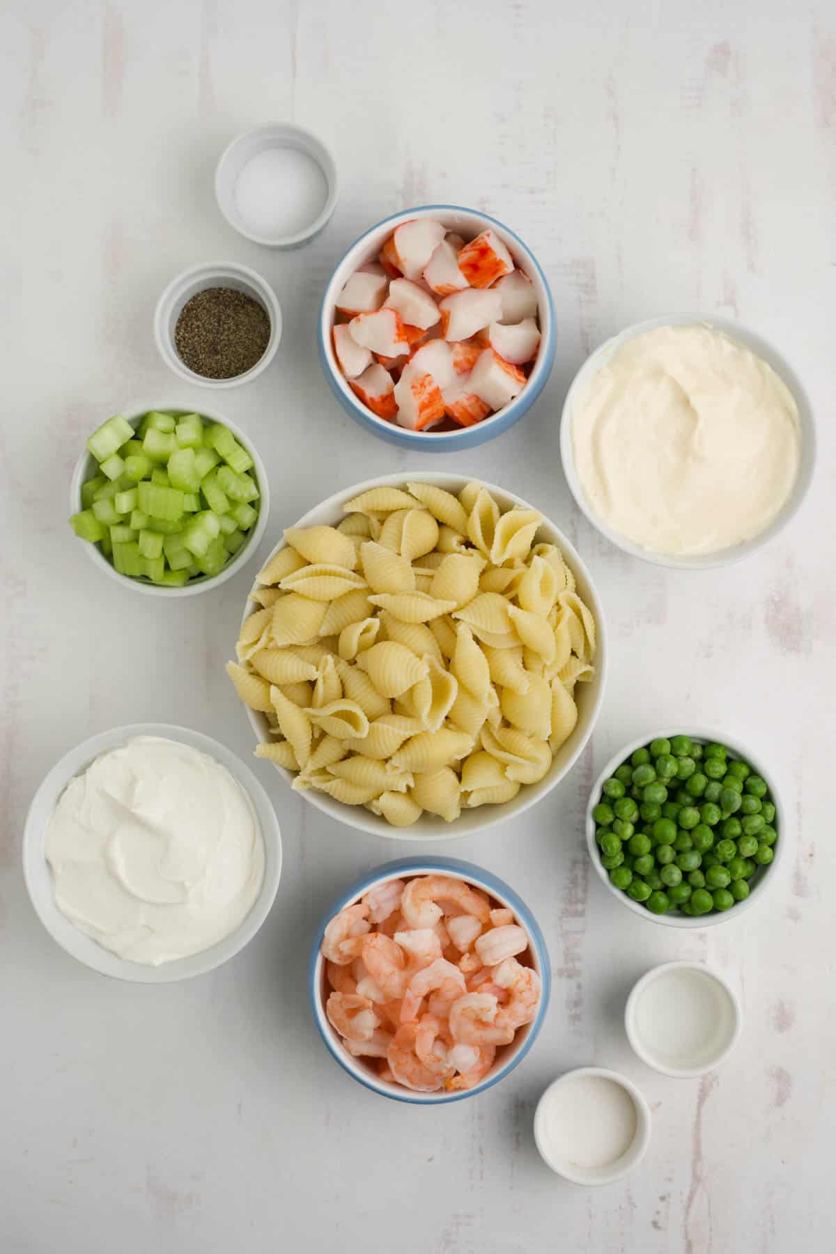 Ingredients for seafood pasta salad.