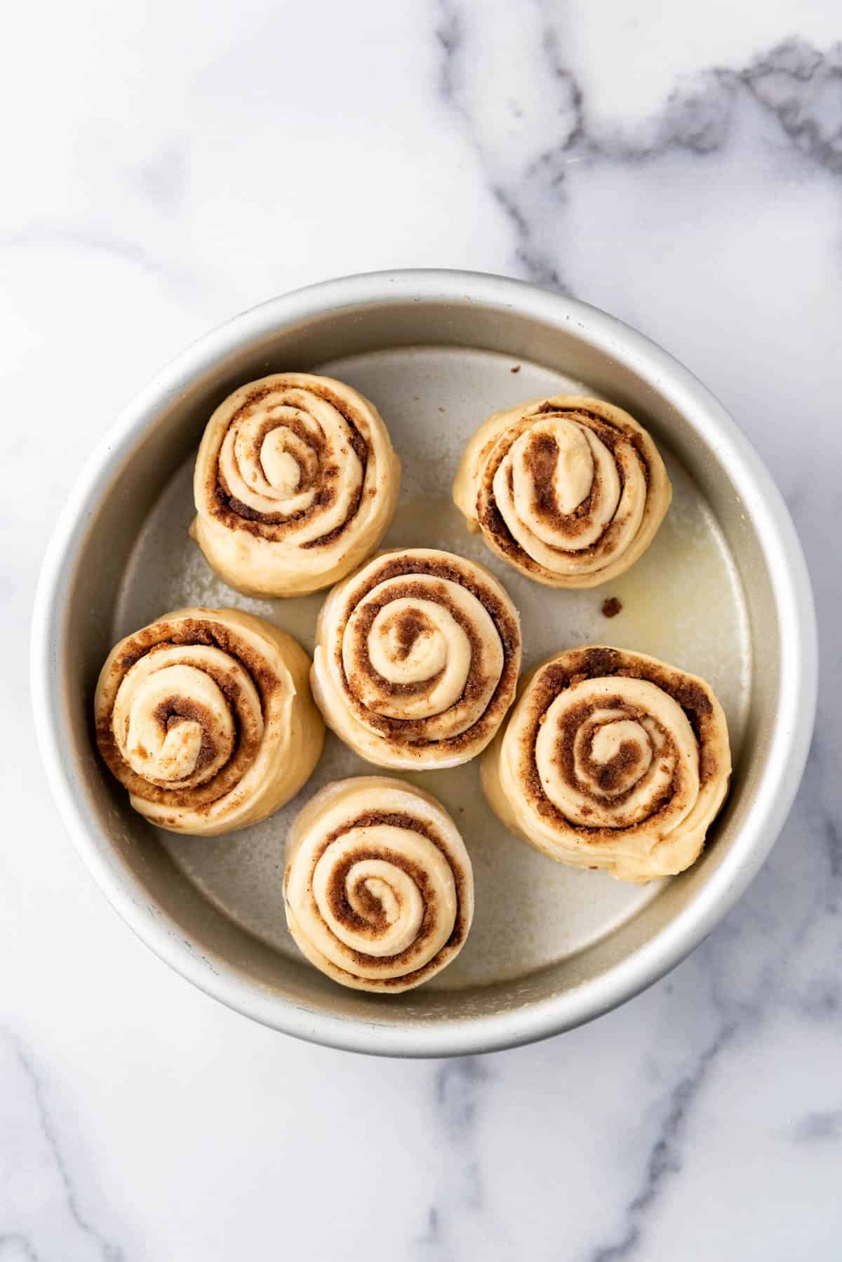 Cinnamon roll dough in a round 8-inch pan ready to rise until puffy.