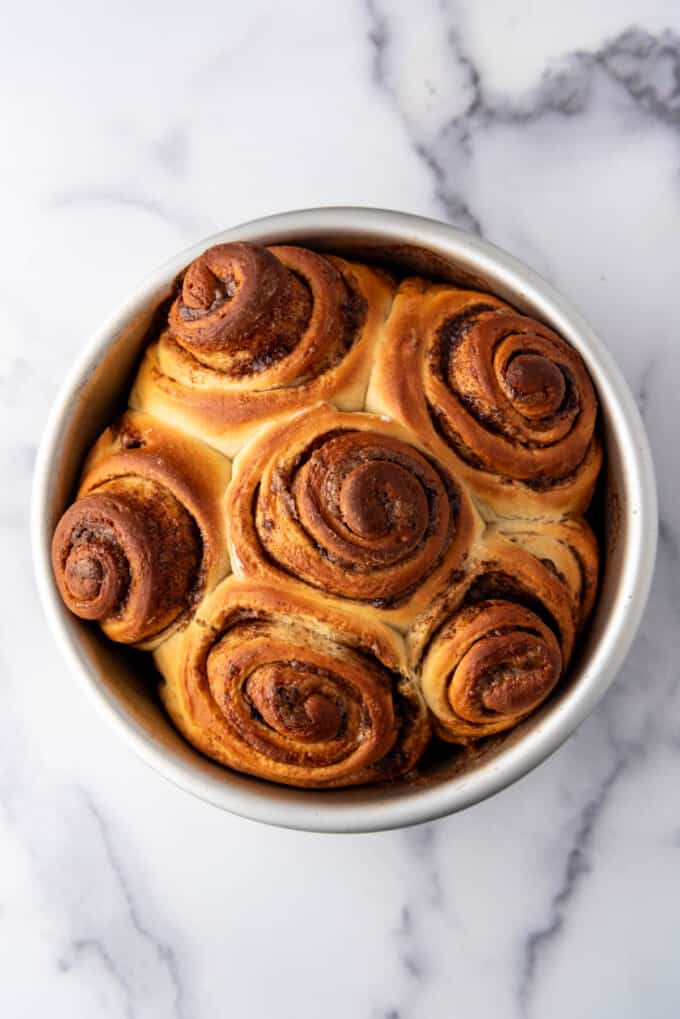 An overhead image of baked cinnamon rolls in a round pan without frosting.