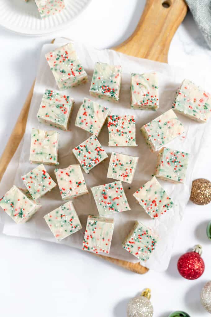 An overhead image of small pieces of sugar cookie fudge.