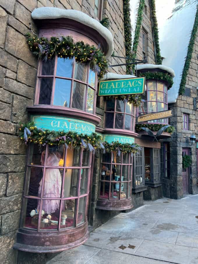 An image of Gladrag's dress shop front in Hogsmeade village at the Wizarding World of Harry Potter.