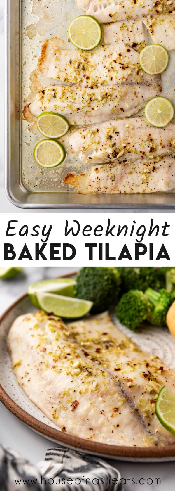 A collage of images of baked tilapia with text overlay.