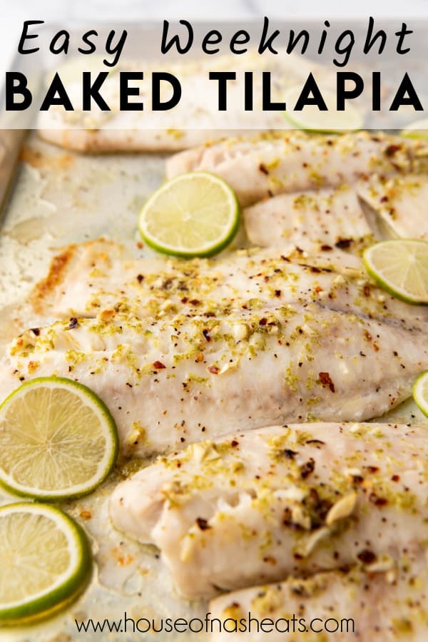 Baked tilapia on a baking sheet with text overlay.