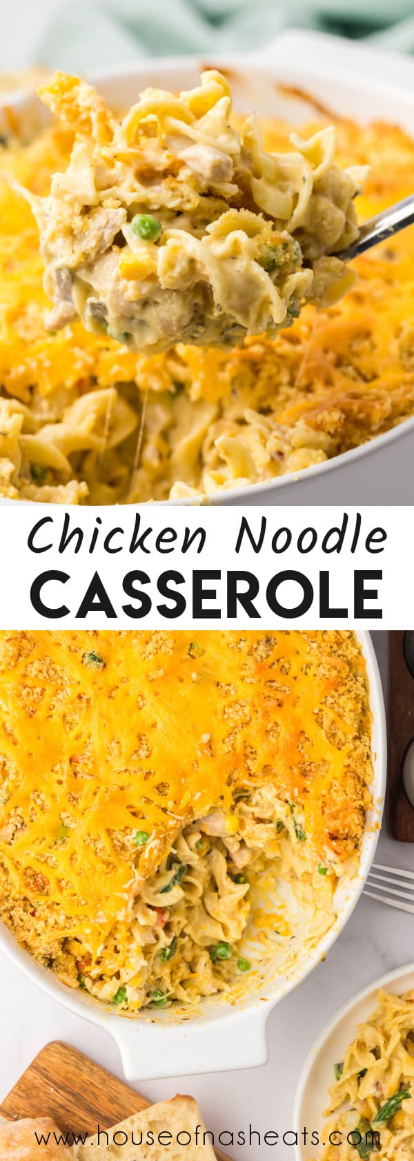 A collage of images of chicken noodle casserole with text overlay.