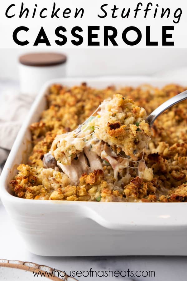 An image of chicken and stuffing casserole with text overlay.