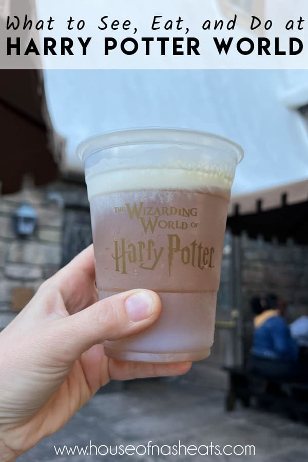A hand holding a cup of butterbeer with text overlay.
