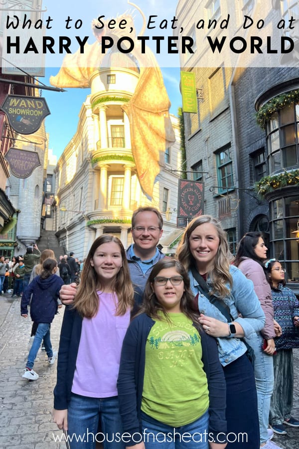 A family at Harry Potter World with text overlay.