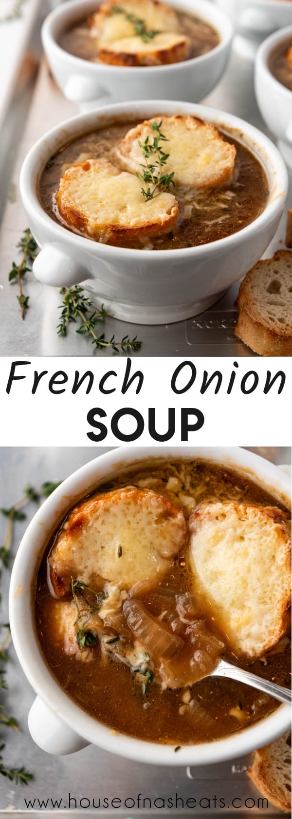 A collage of images of bowls of french onion soup.