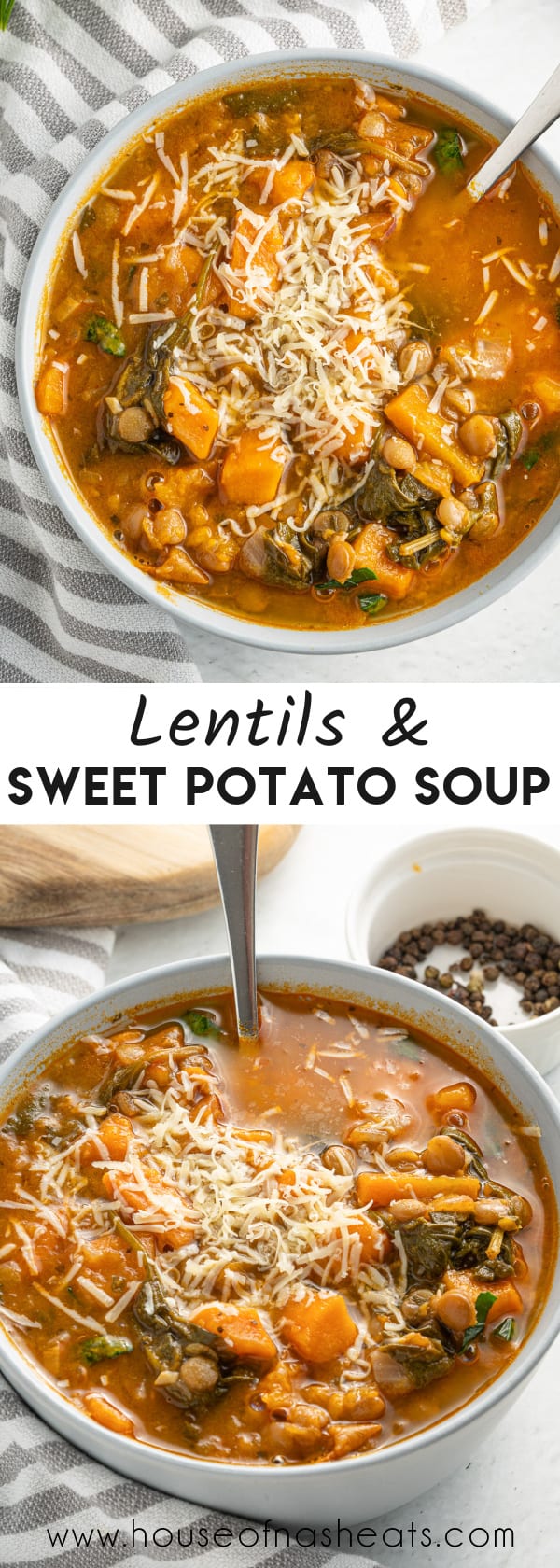 A collage of images of lentils & potato soup with text overlay.