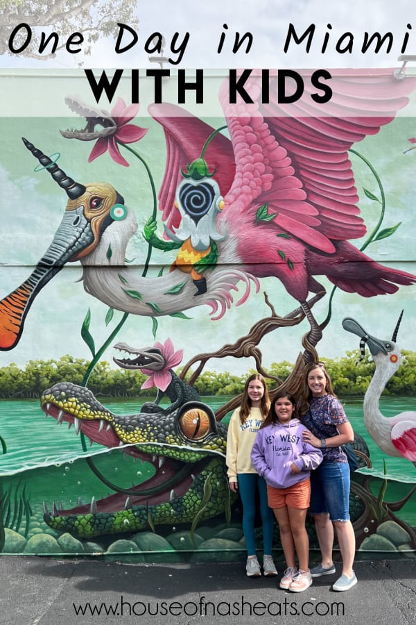 A mom and two kids in front of a mural in Miami with text overlay.