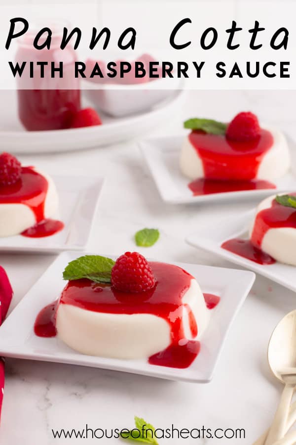 Unmolded panna cotta on plates with raspberry sauce on top and text overlay.