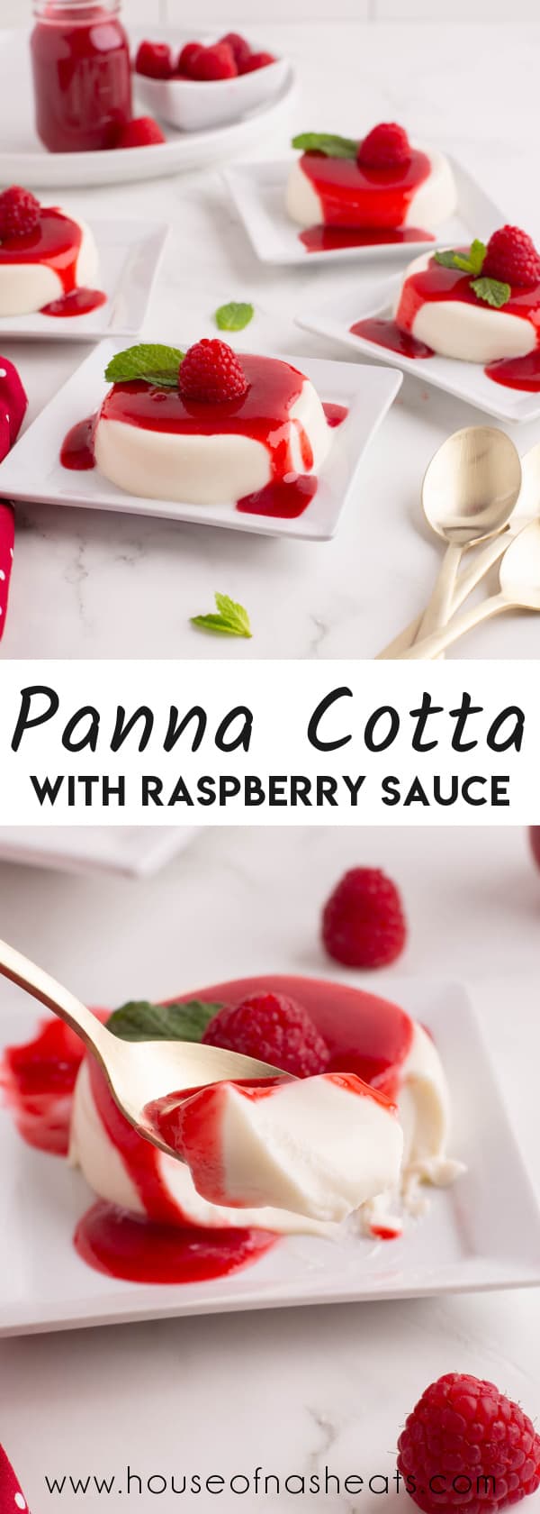 A collage of images of panna cotta with raspberry sauce with text overlay.