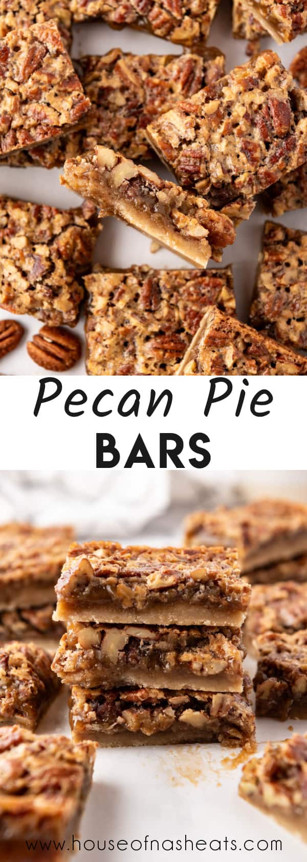 A collage of images of pecan pie bars with text overlay.