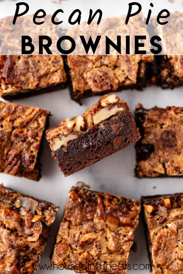 Pecan pie brownies with one on its side so you can see the layers with text overlay.