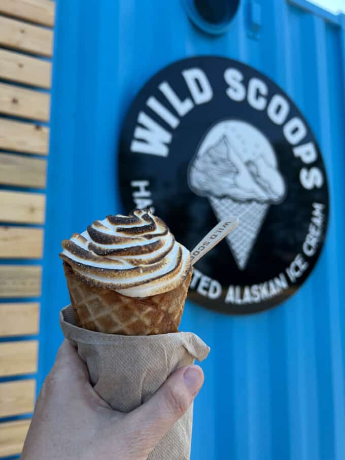 A hand holding an ice cream cone topped with toasted marshmallow meringue topping.