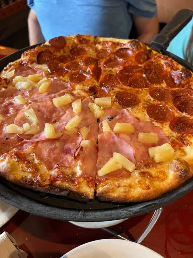 A half Hawaiian half pepperoni pizza from the Moose's Tooth restaurant in Anchorage.
