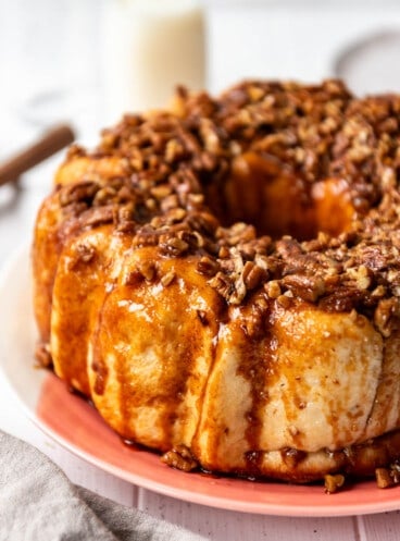 An image of caramel pecan monkey bread on a plate.