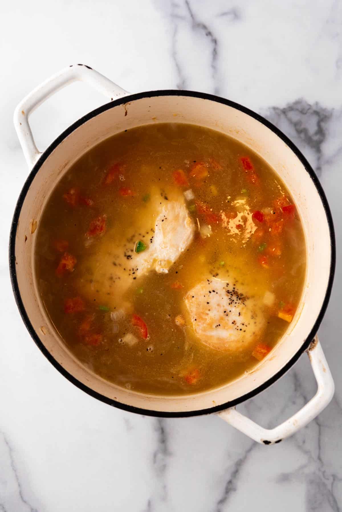Adding chicken broth and chicken breasts to a large pot of soup ingredients.