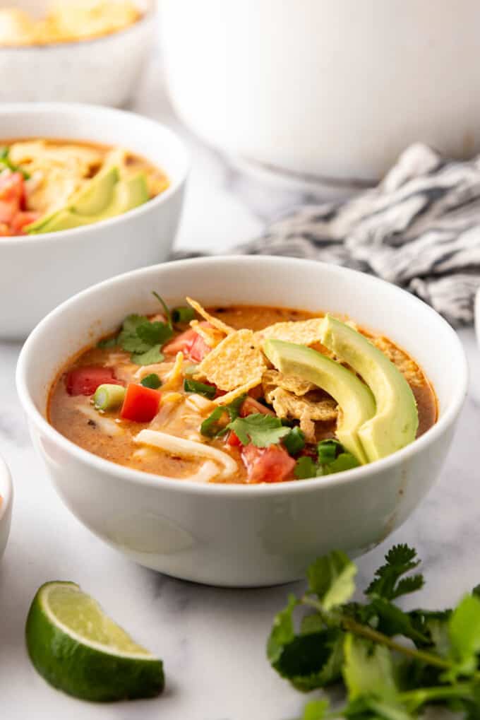 A bowl of chicken tortilla soup.