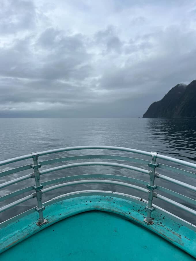 The bow of a boat heading to Kenai Fjiords National Park.