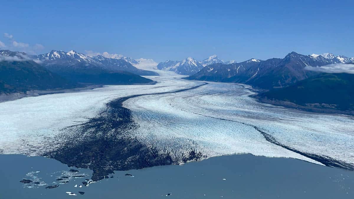 A view of glaciers in Alaska from a helicopter.