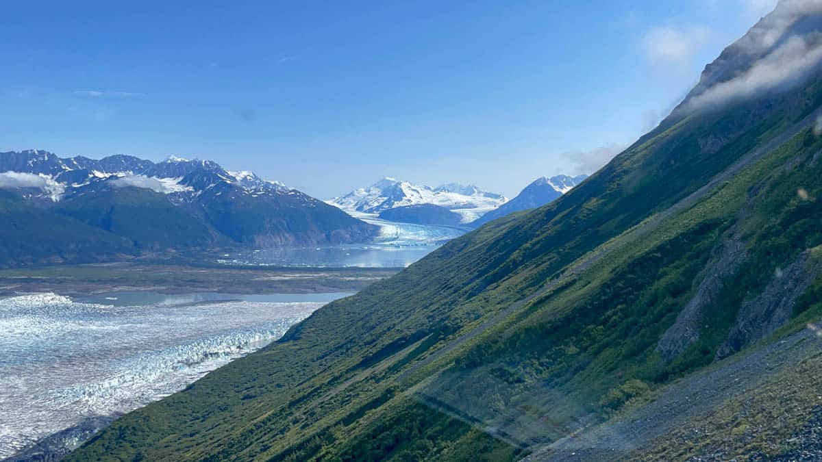 A view from a helicopter approaching the Knik Glacier.