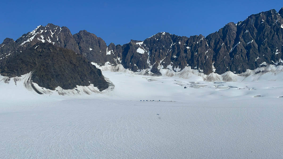 An aerial view of a dogsled camp on the Knik Glacier.