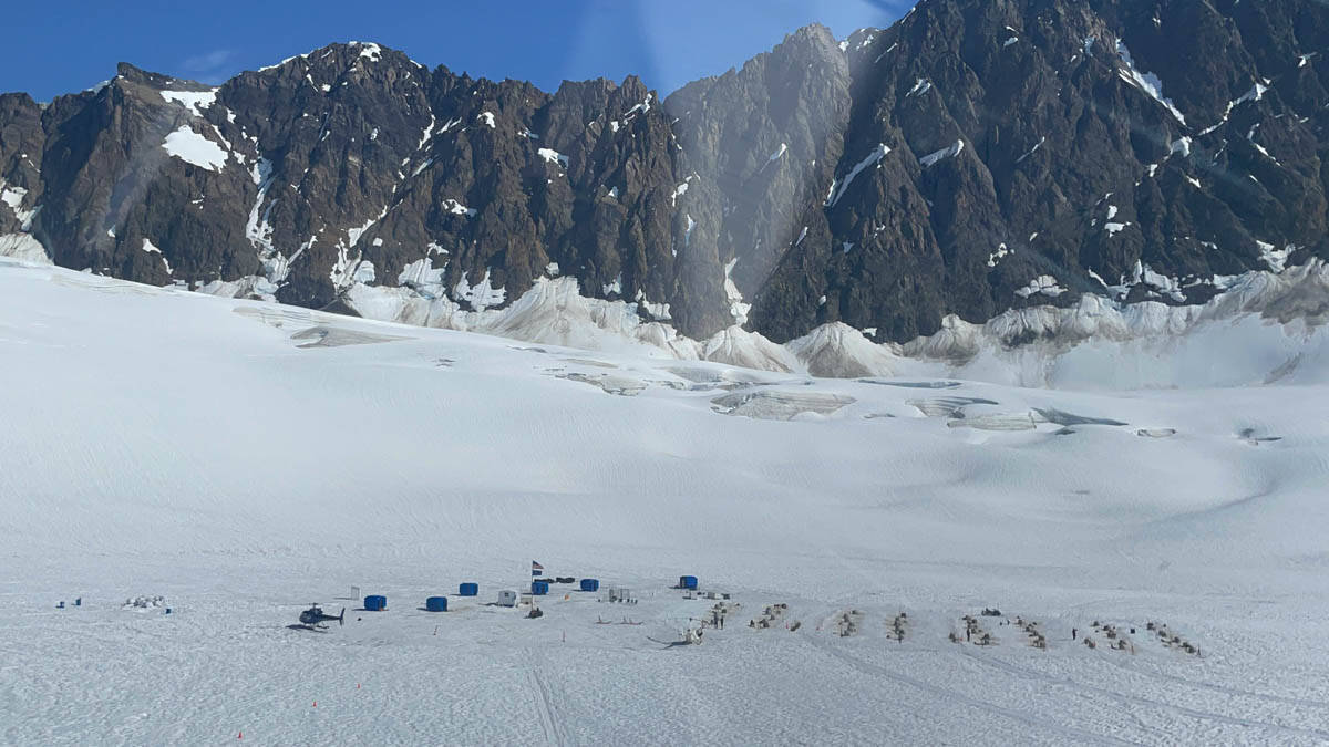 An aerial view of a dogsled camp on the Knik Glacier.