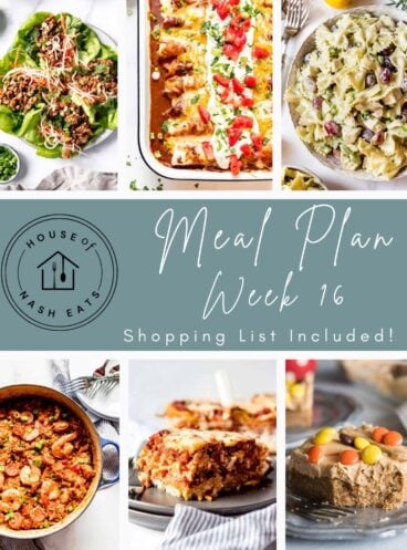 An image of weekly meal plan 16 with various recipes for easy meal planning.