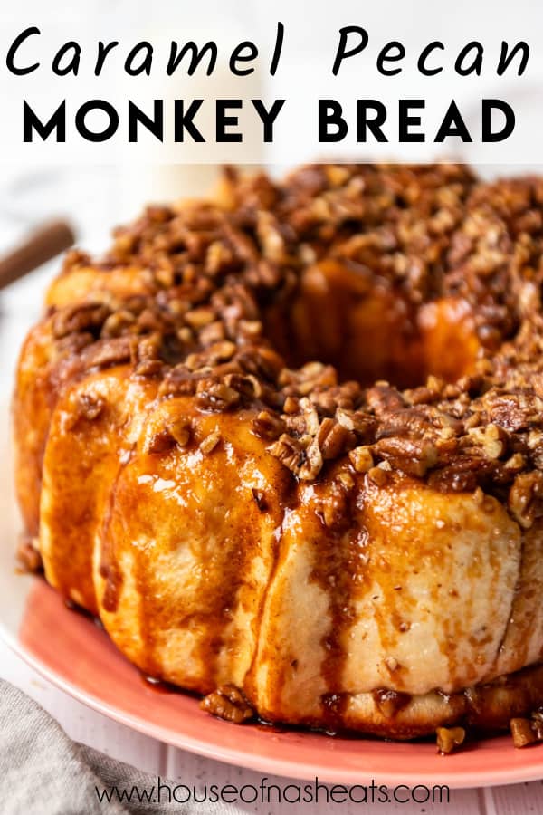 A close image of gooey monkey bread with pecans with text overlay.