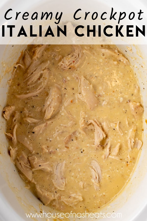 An overhead image of shredded chicken in a creamy sauce in a crockpot with text overlay.