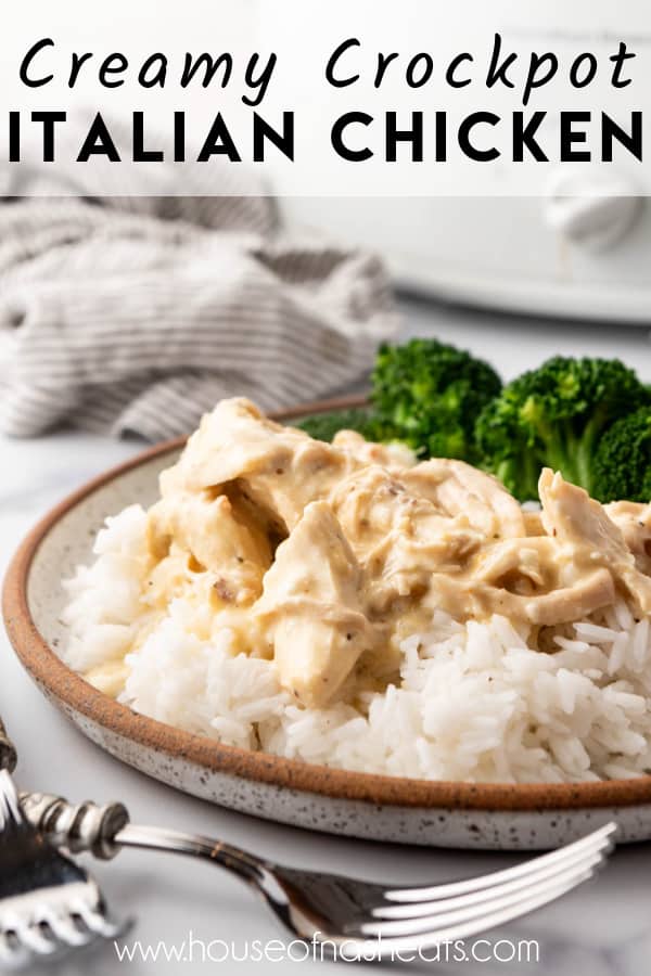 Creamy chicken and rice on a plate with text overlay.