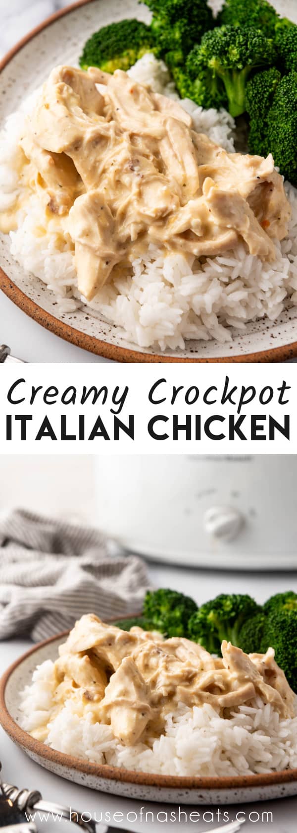 A collage of images of crockpot Italian chicken with text overlay.