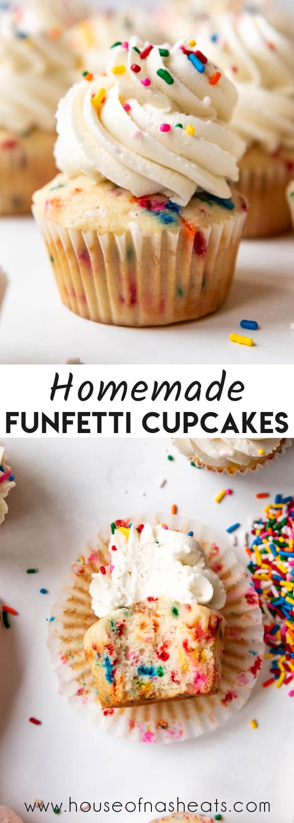 A collage of images of funfetti cupcakes.