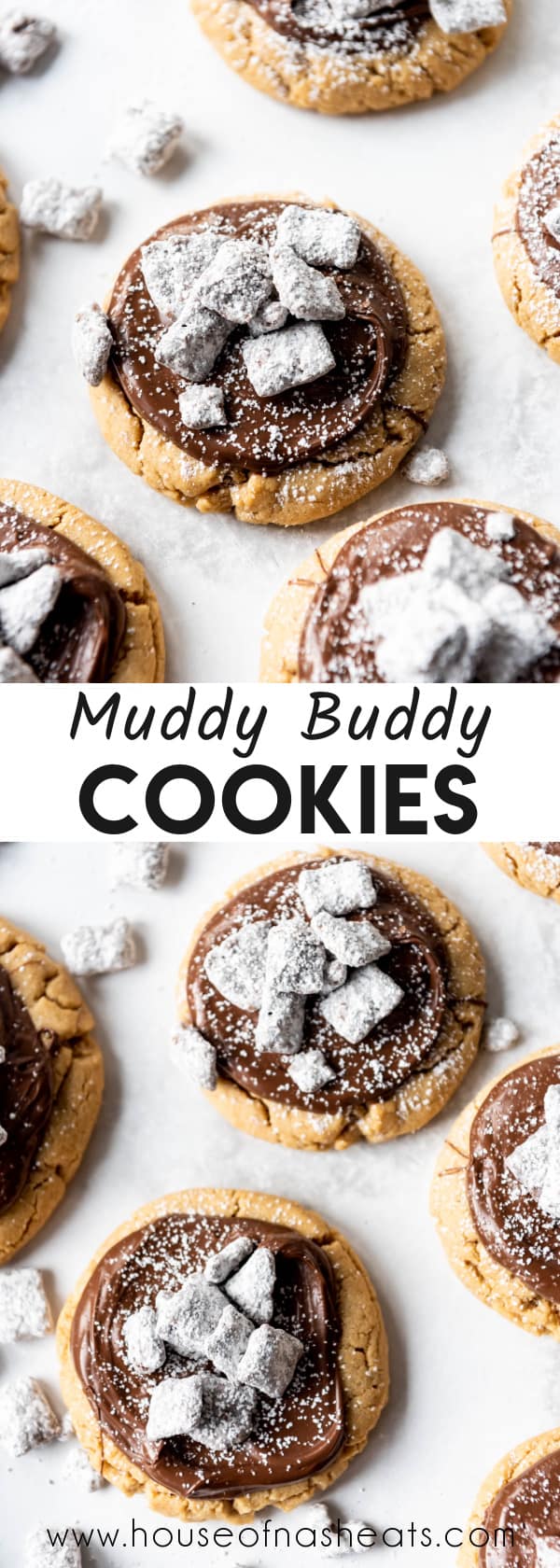 A collage of images of muddy buddy cookies with text overlay.