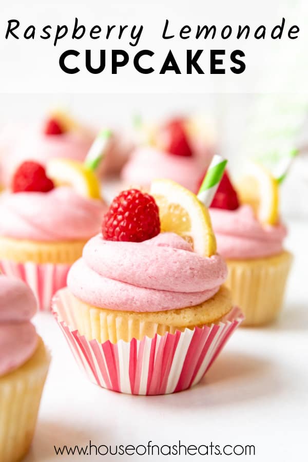 Raspberry lemonade cupcakes with text overlay.