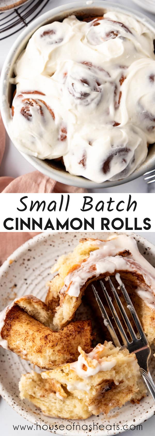 A collage of images of small batch cinnamon rolls with text overlay.