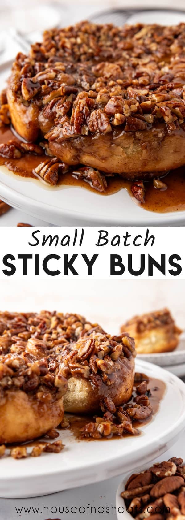 A collage of images of sticky buns with text overlay.