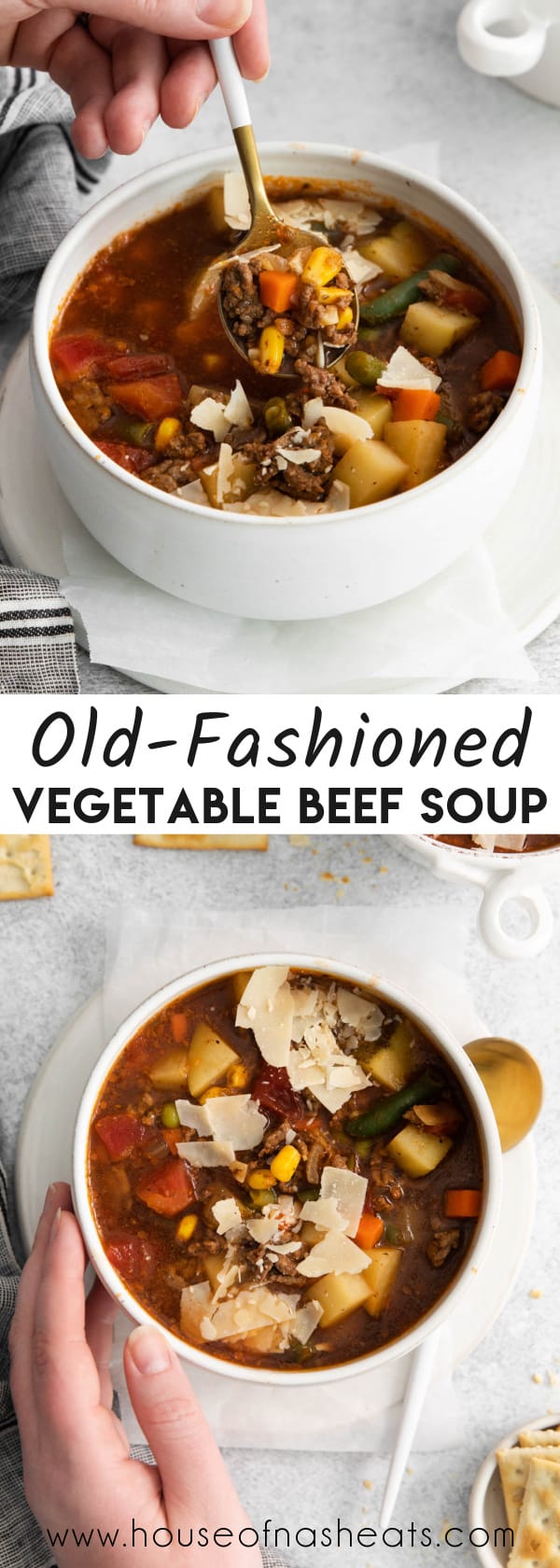 A collage of images of vegetable beef soup with text overlay.
