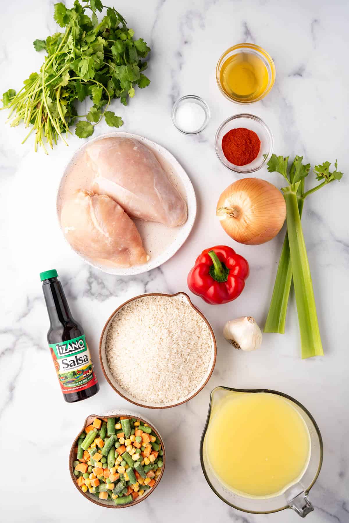 Ingredients for arroz con pollo, Tico style.