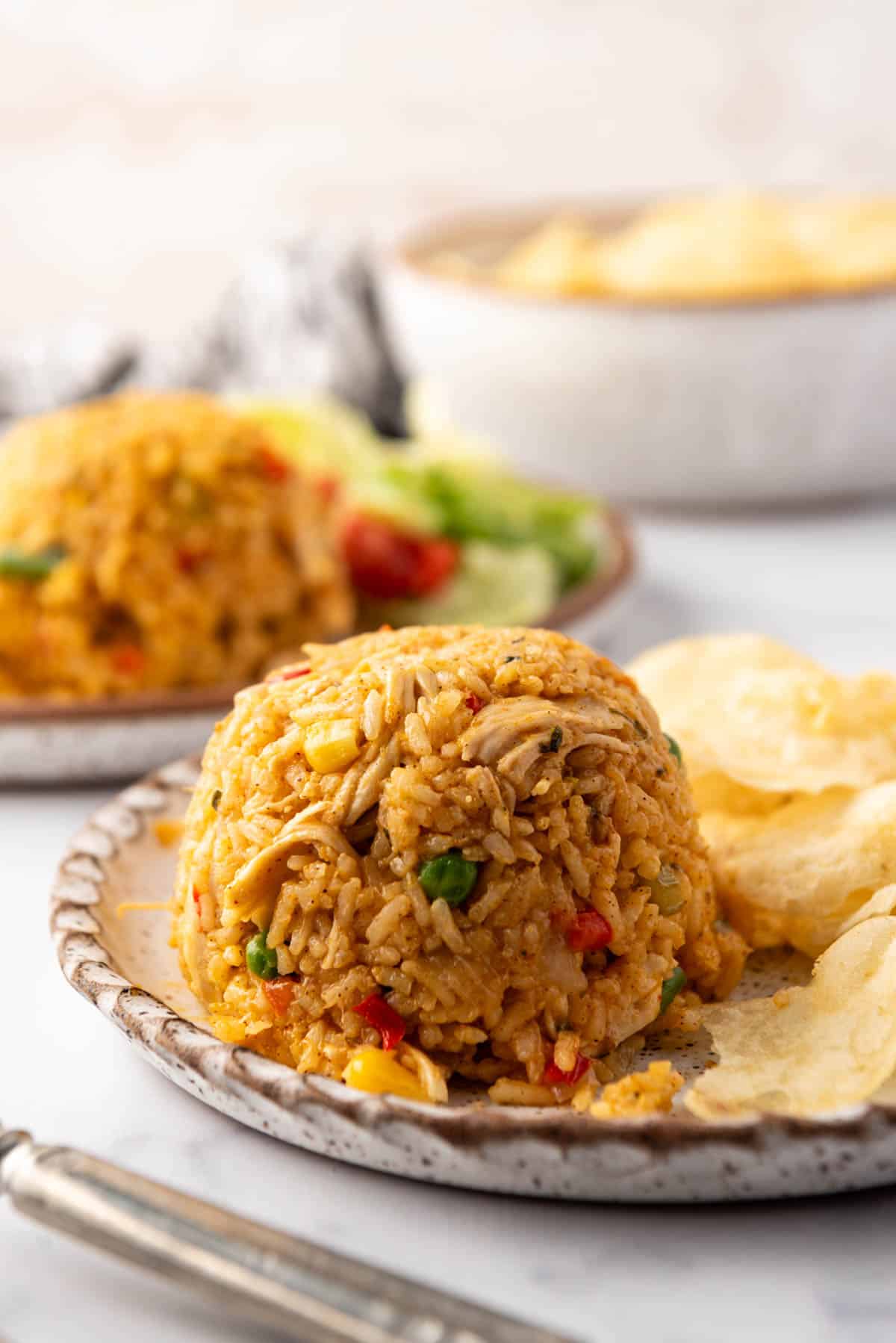 An image of a mound of Costa Rican arroz con pollo on a plate with potato chips.