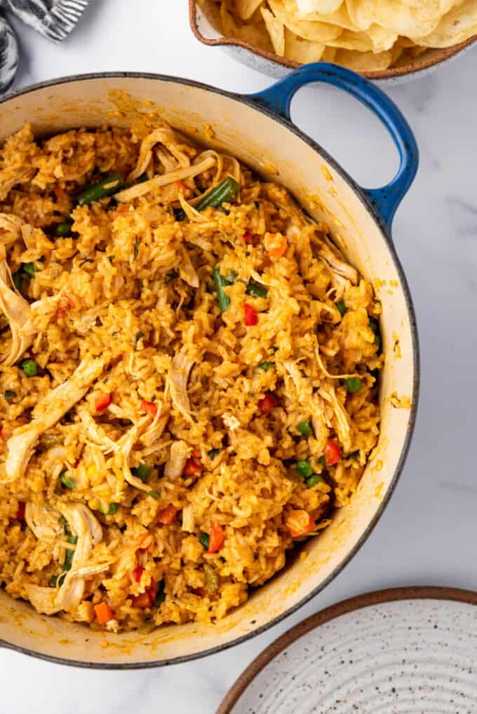 An overhead image of a pot of Costa Rican arroz con pollo.