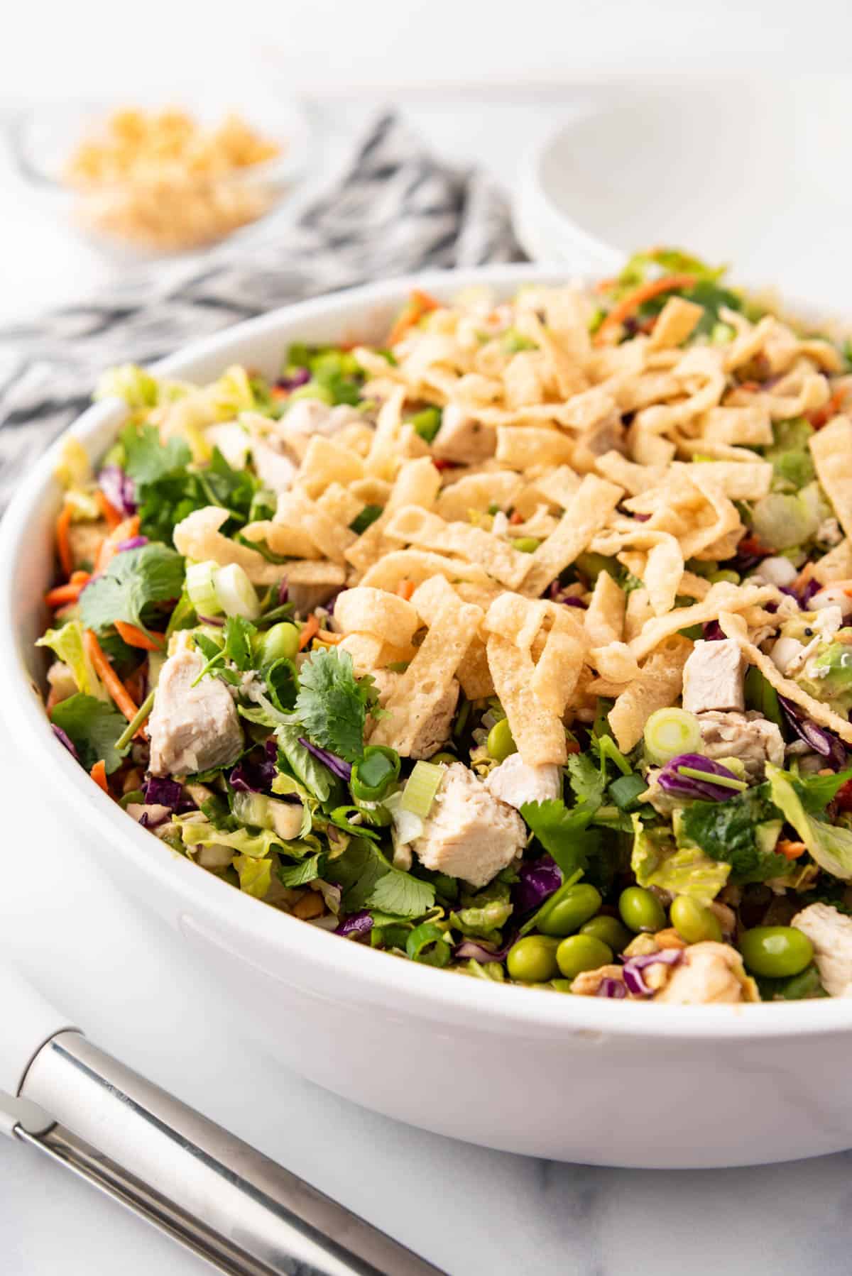 An image of a large white serving bowl of Thai chicken salad.