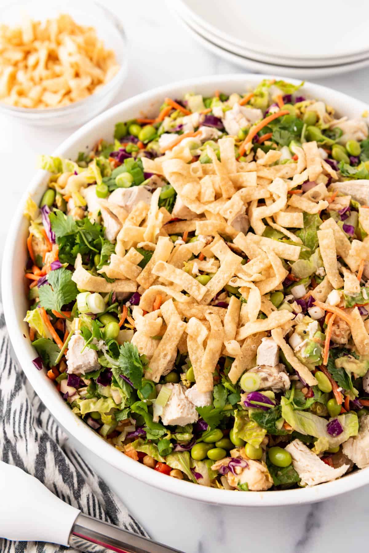 A large white serving bowl filled with Thai chicken salad in front of a small bowl of crispy wonton strips.